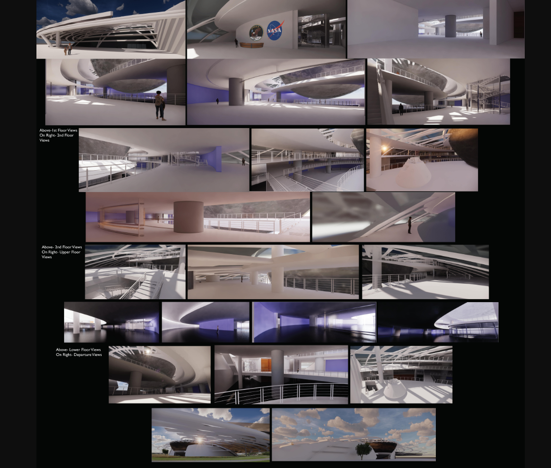 Contact sheet of interior renderings showing curved ramps, exhibition floors, and dramatic overhead discs in ambient lighting