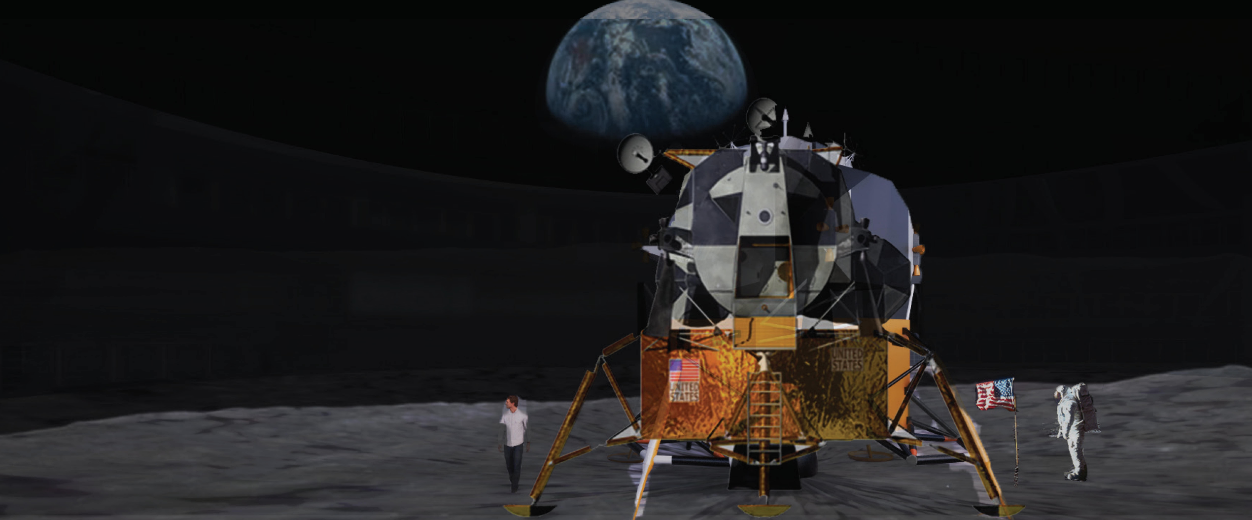 Rendering of lunar module with gold foil legs on the moon's surface with Earth rising above