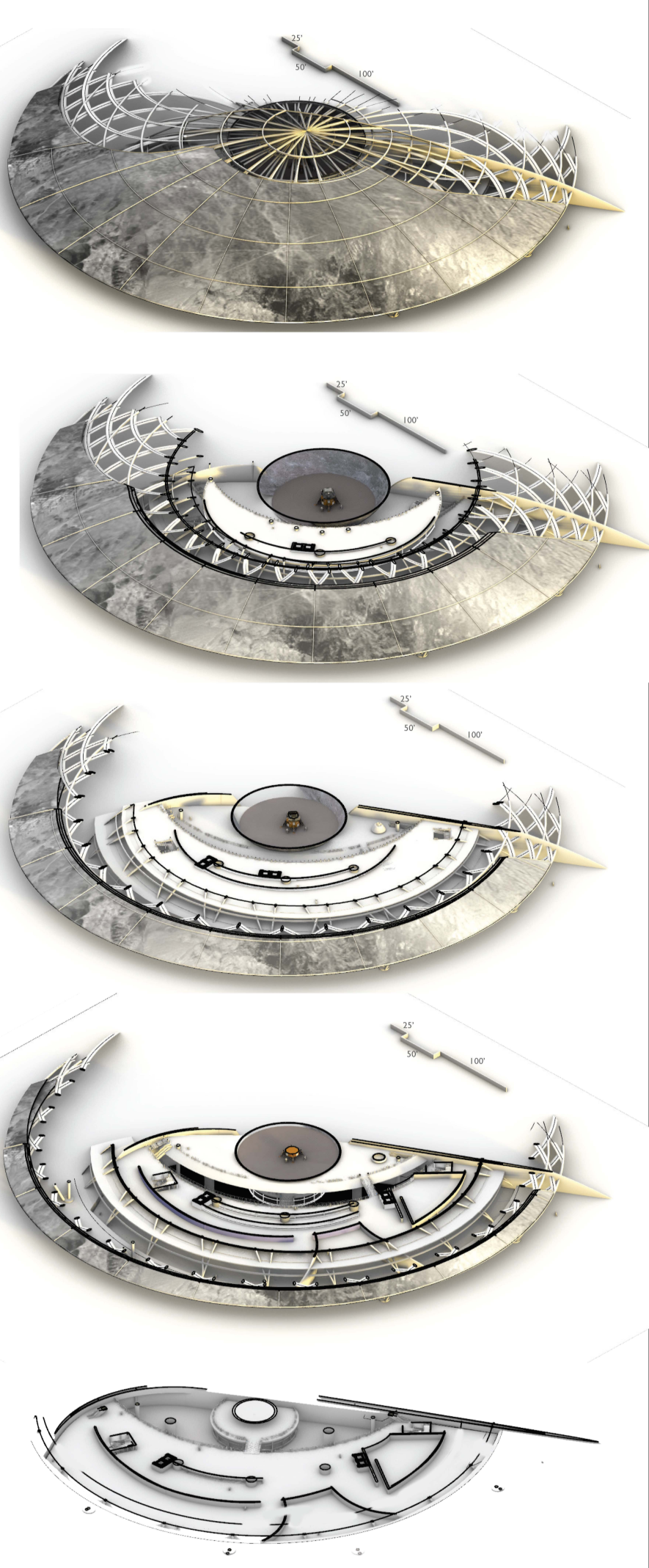 Axonometric drawing sequence showing four progressive levels of a circular building plan with radiating structure and central oculus