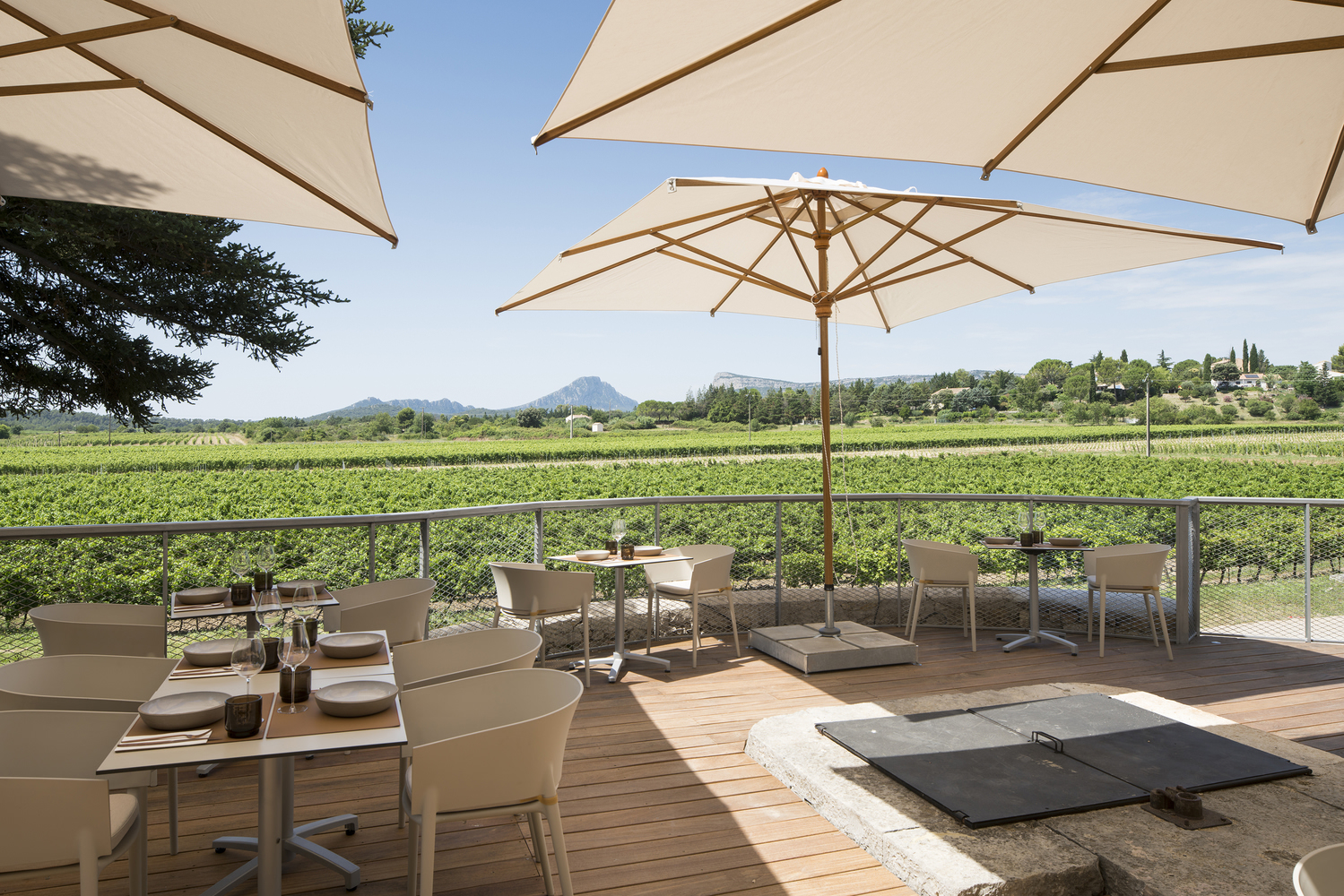 Outdoor timber deck terrace with fabric shade umbrellas overlooking vineyard rows and distant hills under blue sky
