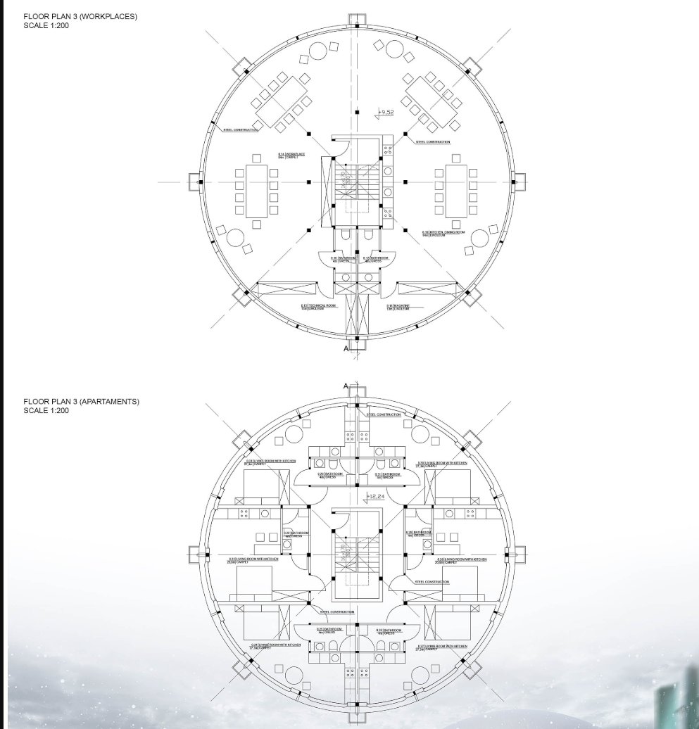 Work & Living Spaces Layout – Detailed floor plans illustrating the combination of workspaces and residential apartments.