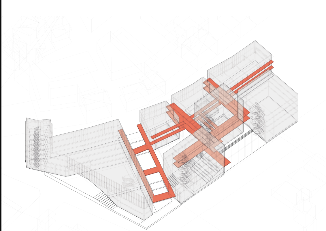 An axonometric representation highlighting circulation and connectivity within the design.