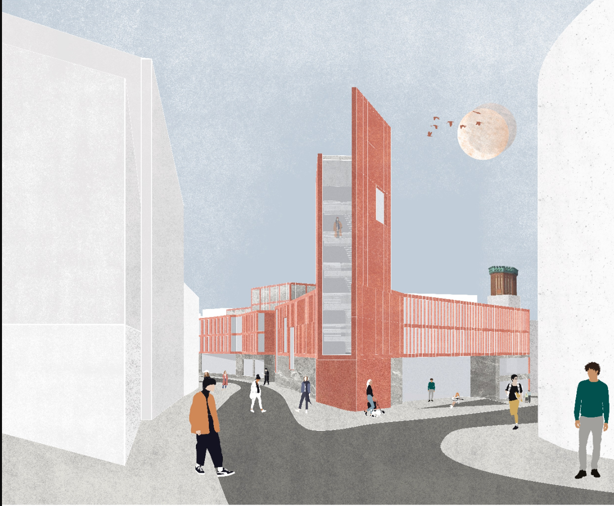 Urban Integration: A modern architectural intervention bridging past and future cityscapes.