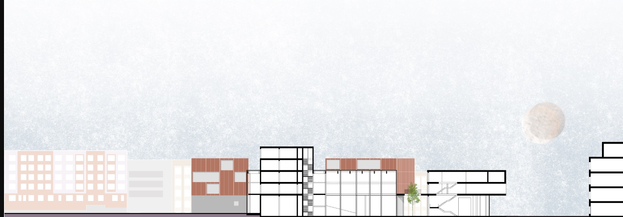 A cross-sectional view showcasing the project's spatial relationships and urban context.