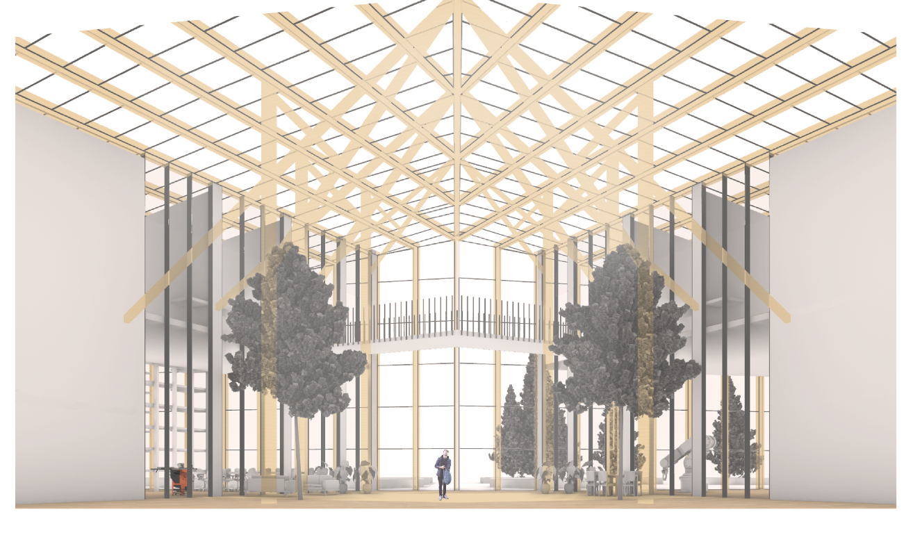 Atrium View – The grand atrium with sustainable timber framing and indoor greenery, fostering a collaborative learning environment.