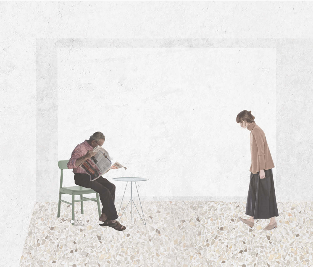 Interior courtyard with terrazzo flooring where two people occupy a minimal white space