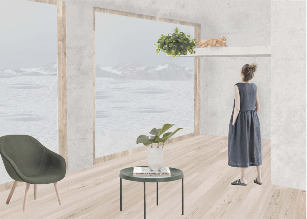 Living space with timber-framed window opening to a snowy mountain landscape beyond