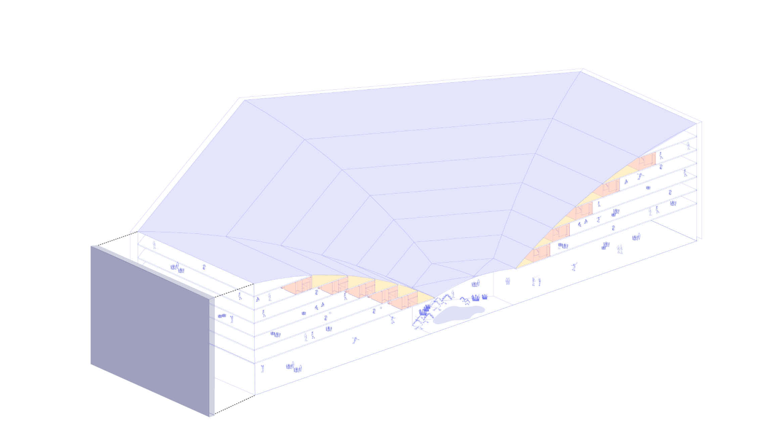 Axonometric cutaway drawing showing terraced interior spaces beneath a faceted roof structure