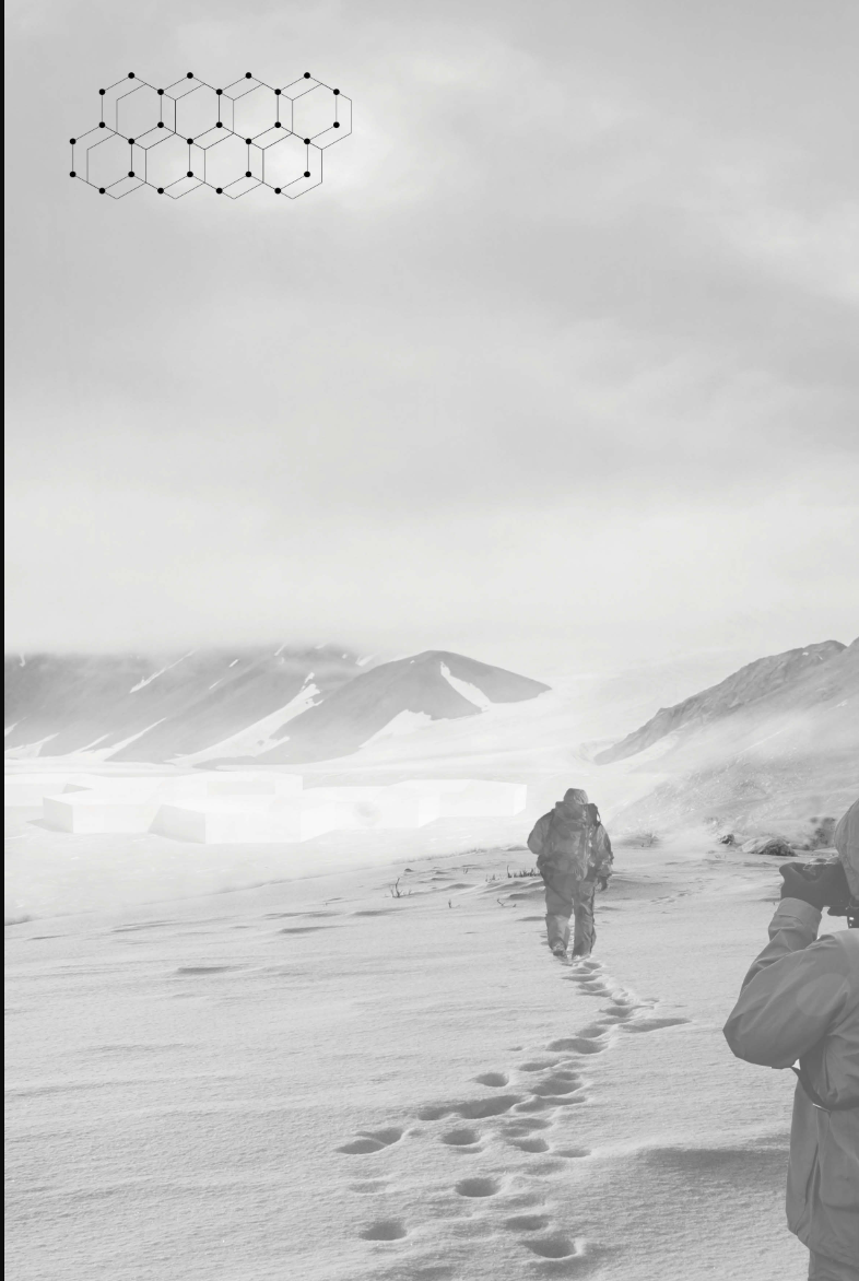 Aerial view of a figure walking through deep snow with hexagonal diagram overlay