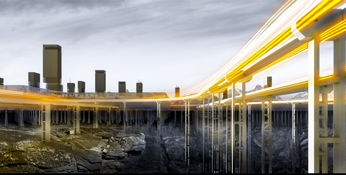 Futuristic Skyline & Transport – A vision of sustainable architecture with an elevated, high-speed transport network.