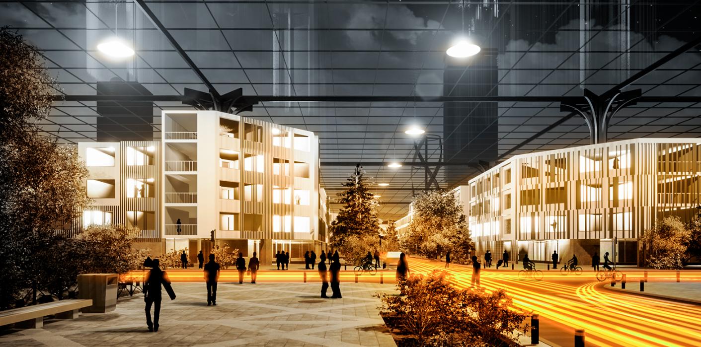 Nighttime Glow – The city’s illuminated energy-efficient urban framework at night.