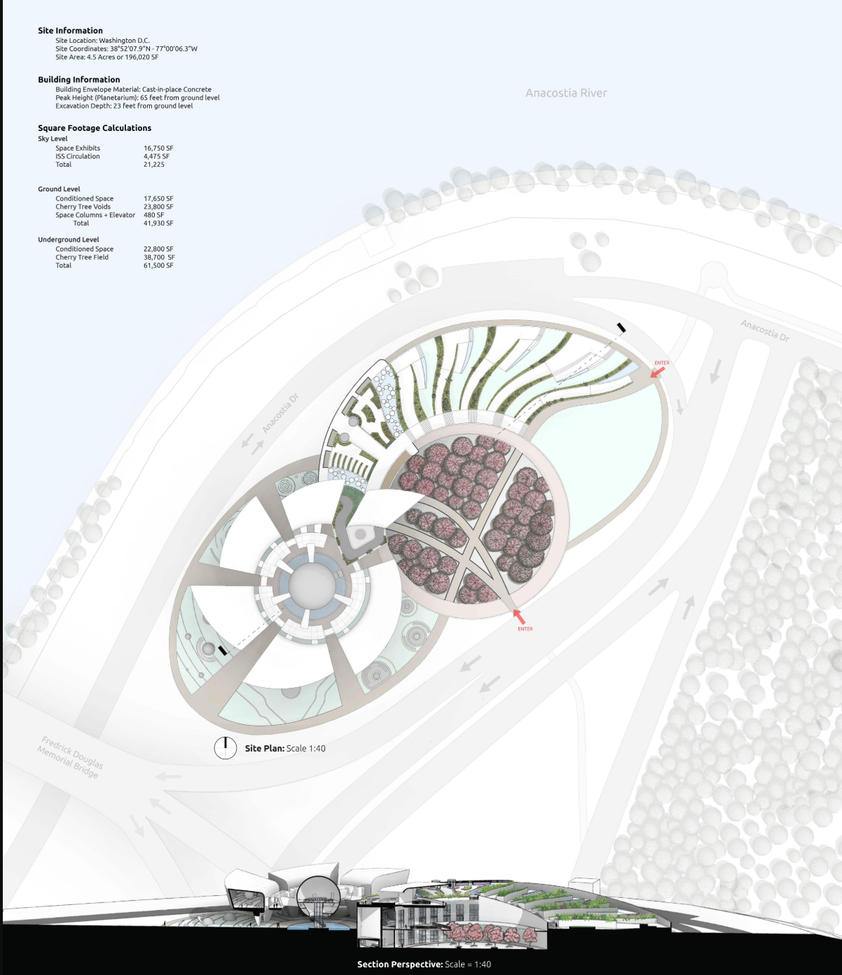 Site Plan & Section Perspective: An overview of the project’s location and structural integration within the environment.