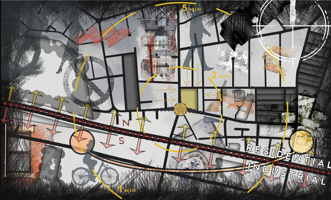 Annotated site plan drawing with overlay sketches showing pedestrian and bicycle circulation along a corridor