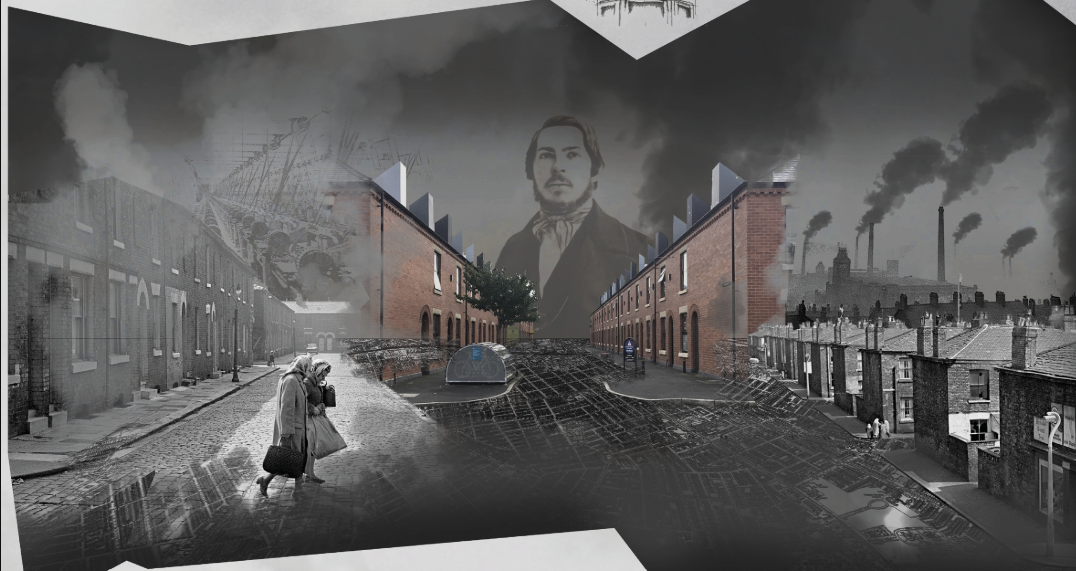 Panoramic collage combining historical imagery of brick row houses with archival photographs and industrial smokestacks
