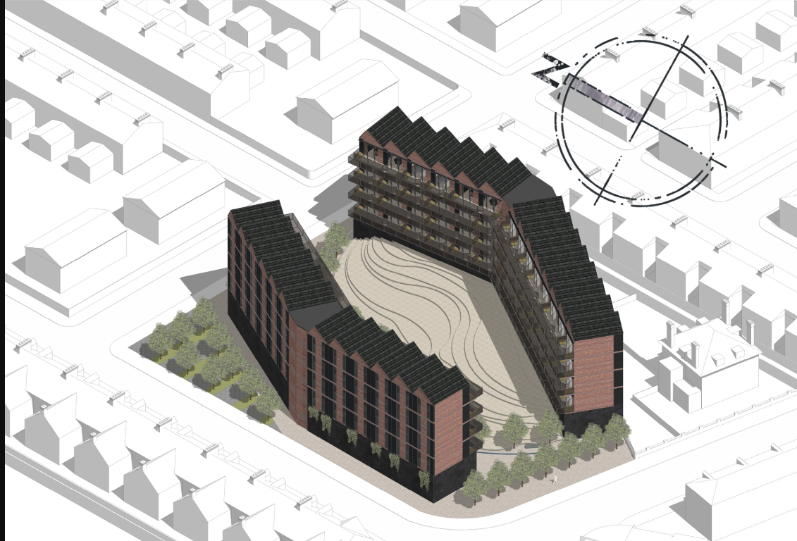Axonometric drawing showing three brick volumes with sawtooth roofs arranged around a central landscaped courtyard