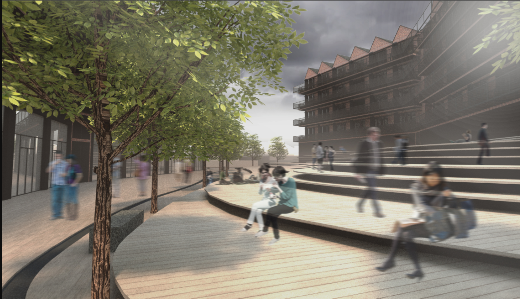 Timber deck courtyard with tiered seating and tree planters surrounded by pedestrians in motion blur