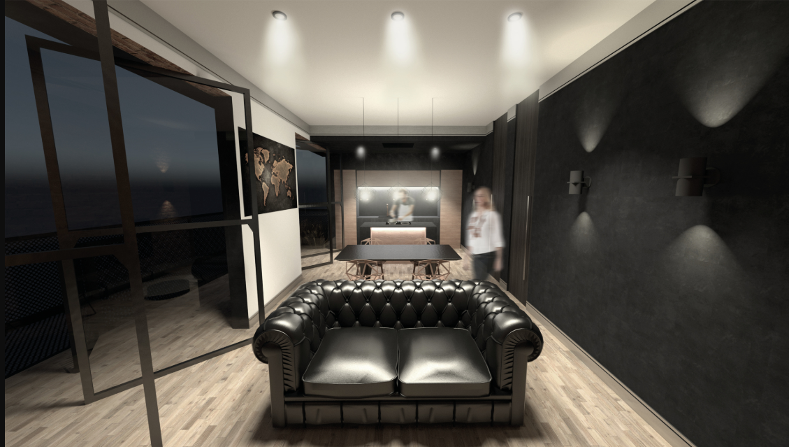 Interior lounge space with tufted leather sofa, dark wall panels, recessed ceiling lights, and blurred figures