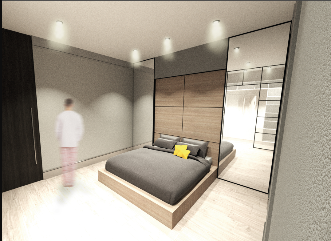 Bedroom interior with floating timber bed against wood-paneled wall and figure in motion blur