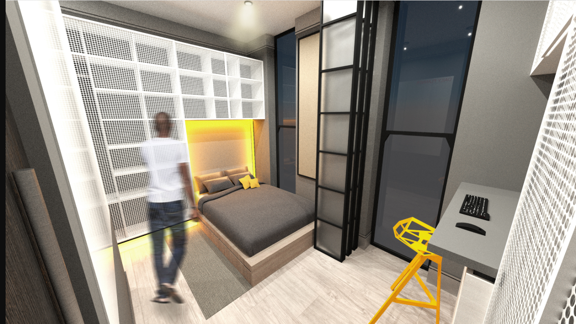 Bedroom view with backlit headboard niche and perforated white storage wall beside sliding glass door