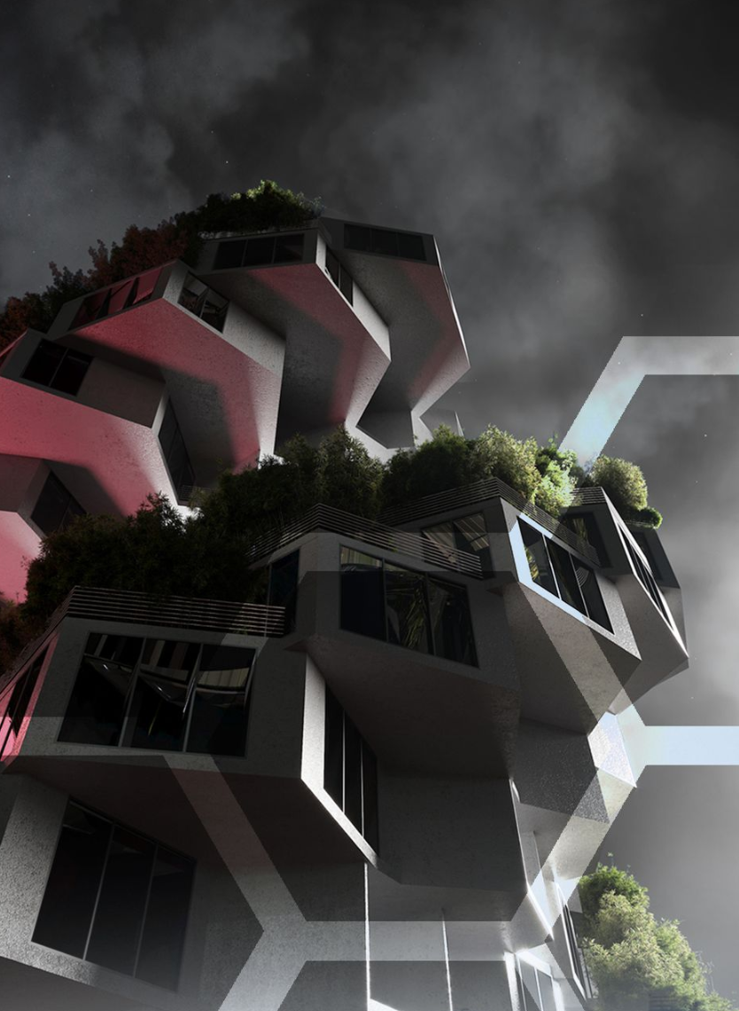 Urban Greenery at Night: The futuristic hexagonal housing concept illuminated against the city skyline.
