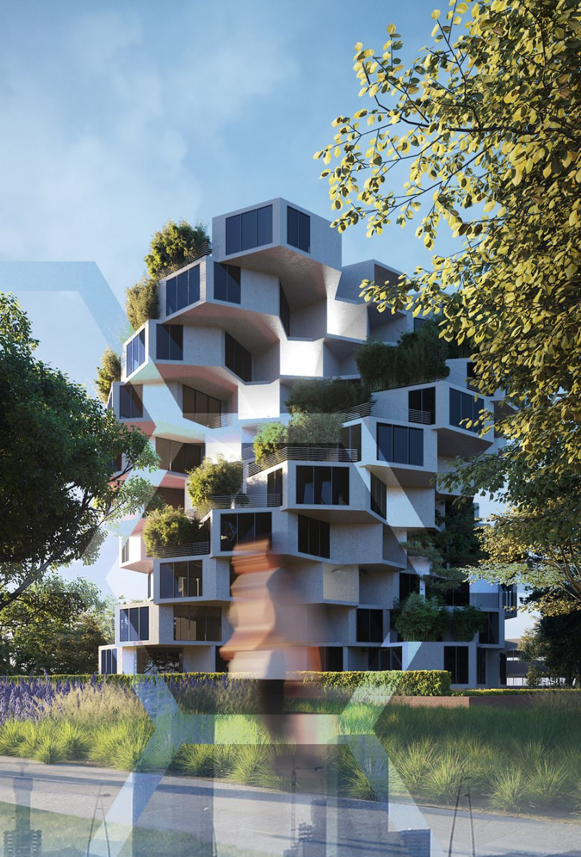 Nature-Integrated Housing: A striking visual of modular housing blending into its green surroundings for a sustainable future.