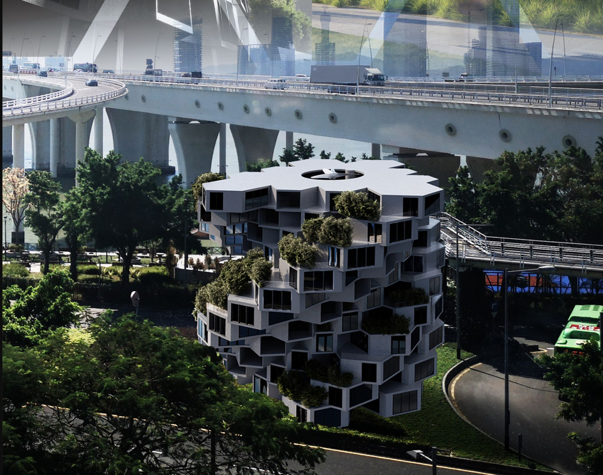 A Future-Ready Habitat: The modular housing project set within an urban landscape, harmonizing modernity with sustainability.