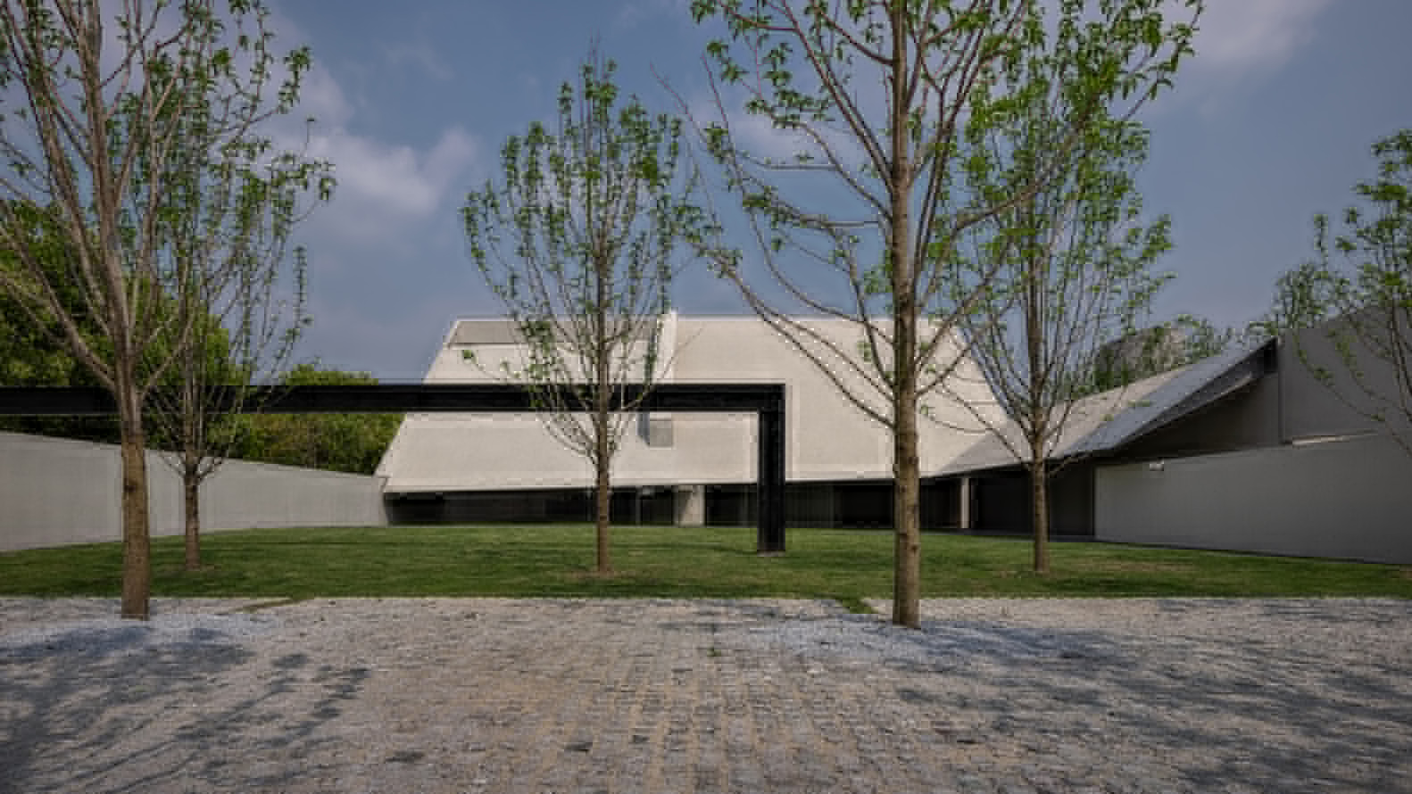 Gravel courtyard with young deciduous trees facing white folded roof forms and grey perimeter walls