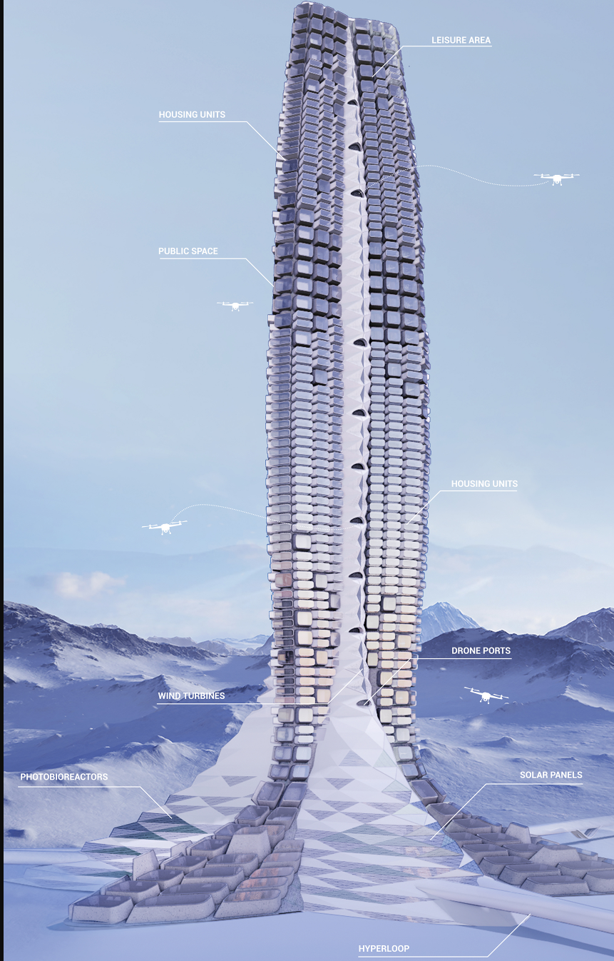 Annotated rendering showing twin tapering towers with stacked horizontal slabs rising from a snowy mountain landscape