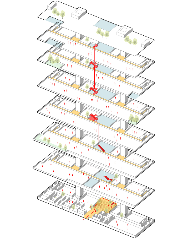 Exploded axonometric drawing showing stacked floor plates with orange central circulation core and rooftop trees