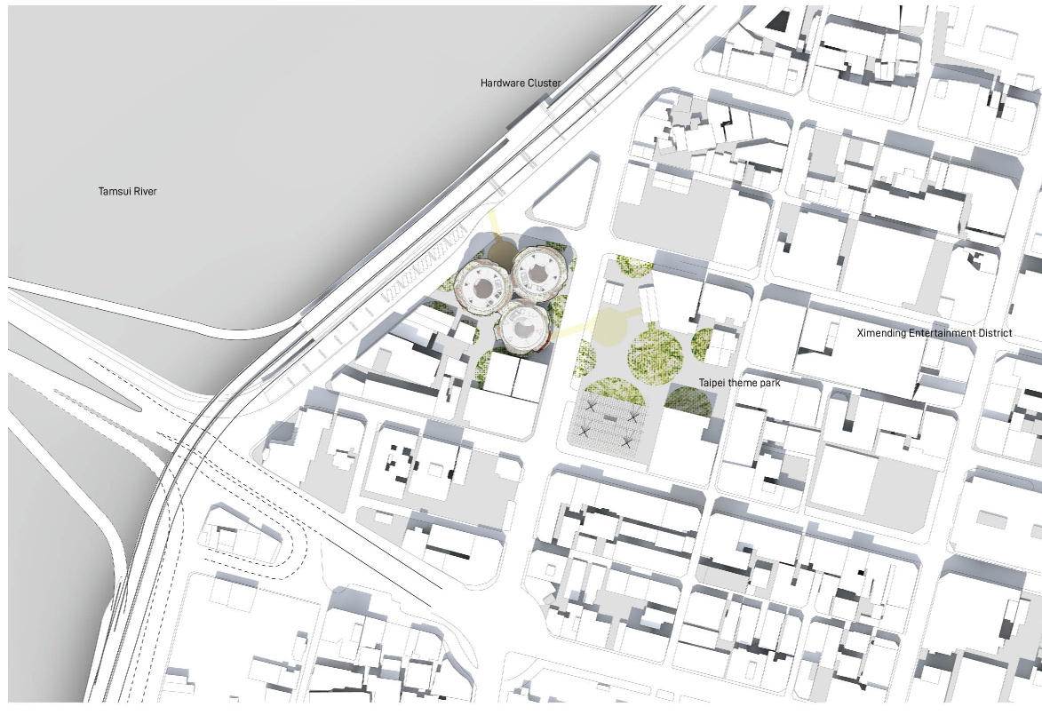 Site plan showing three circular volumes along a river with pedestrian zones and surrounding urban fabric