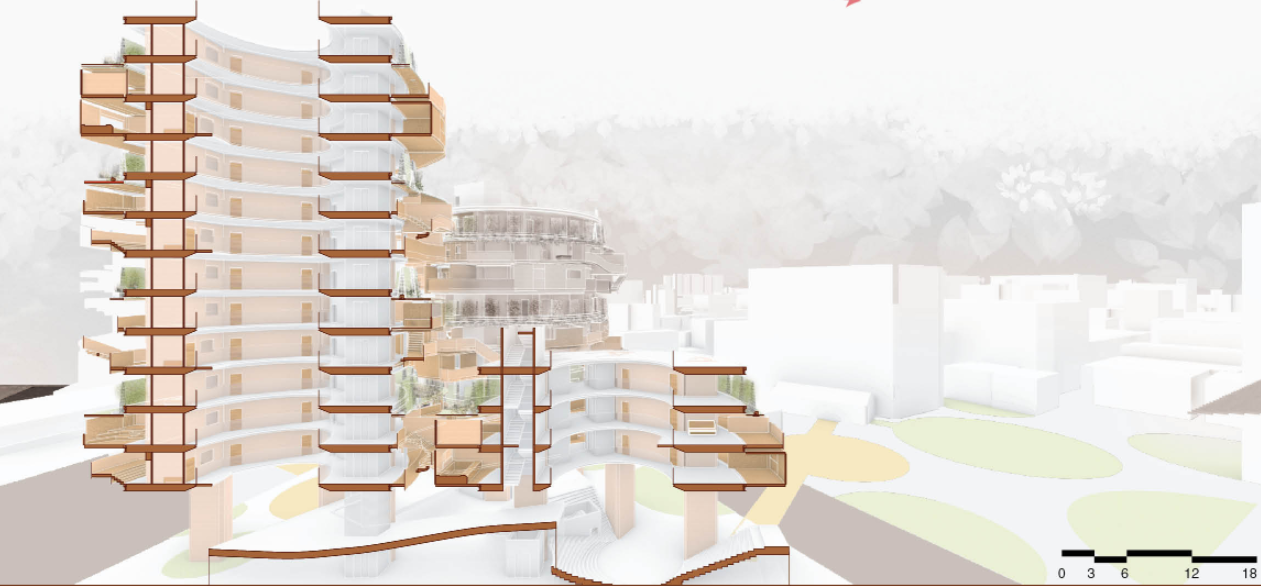 Section perspective showing timber frame towers with planted terraces in a misty urban setting
