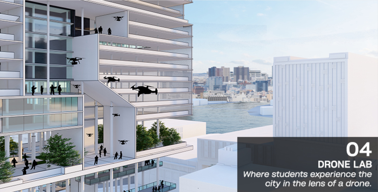 Terrace level with figures and drones hovering over outdoor spaces near the waterfront
