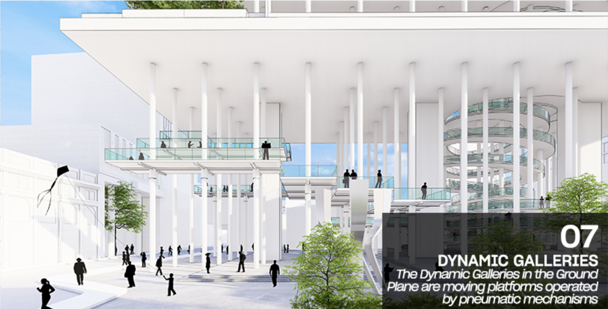 Covered plaza with white columns and suspended bridges connecting stacked levels under a flat roof