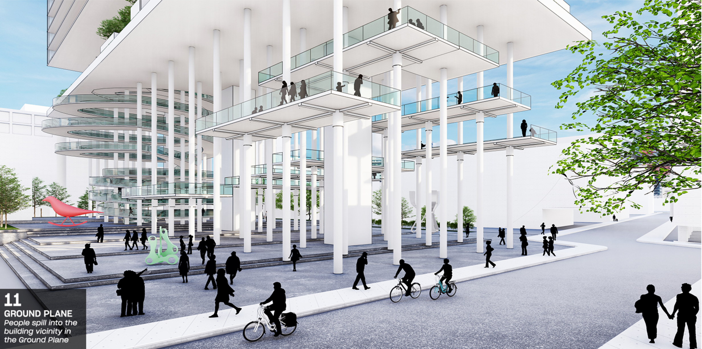 Ground level public plaza with white columns supporting stacked platforms and people walking beneath tree canopy
