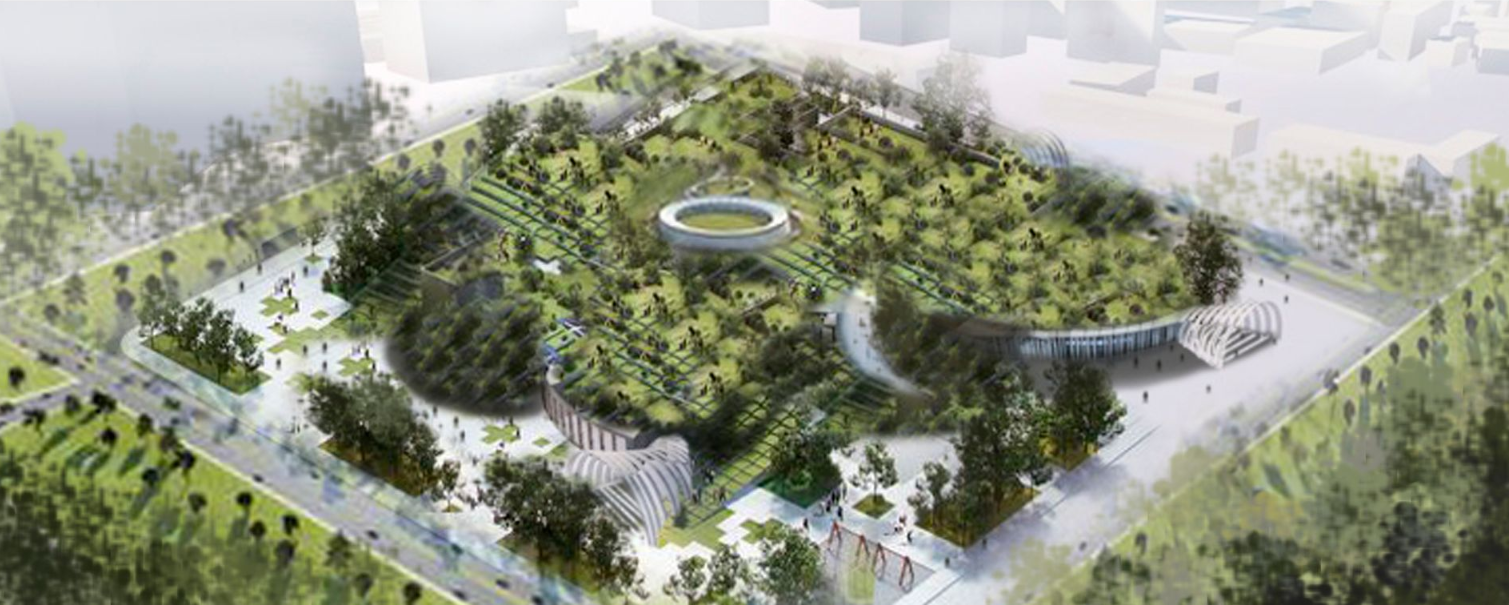 Aerial View of the Complex – A dynamic green rooftop cemetery blending sustainability with modern urban planning.