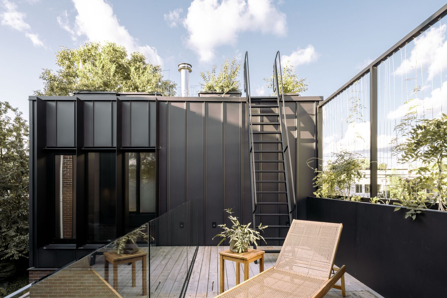 Rooftop deck with metal stair ladder and rattan lounger surrounded by planted screens and neighboring houses