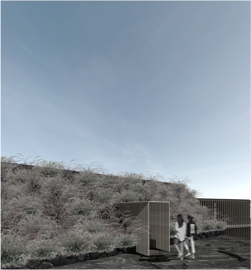 The entrance to TERRAZAS seamlessly integrates with the landscape, showcasing sustainable architecture in harmony with its surroundings.