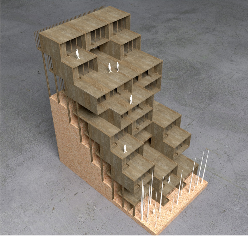 A 3D architectural model highlights the innovative stacking design that optimizes space and enhances natural ventilation.