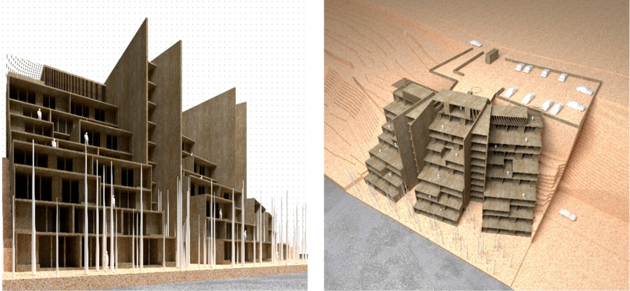 A side perspective illustrating how the project maximizes land use while maintaining an organic, structured aesthetic