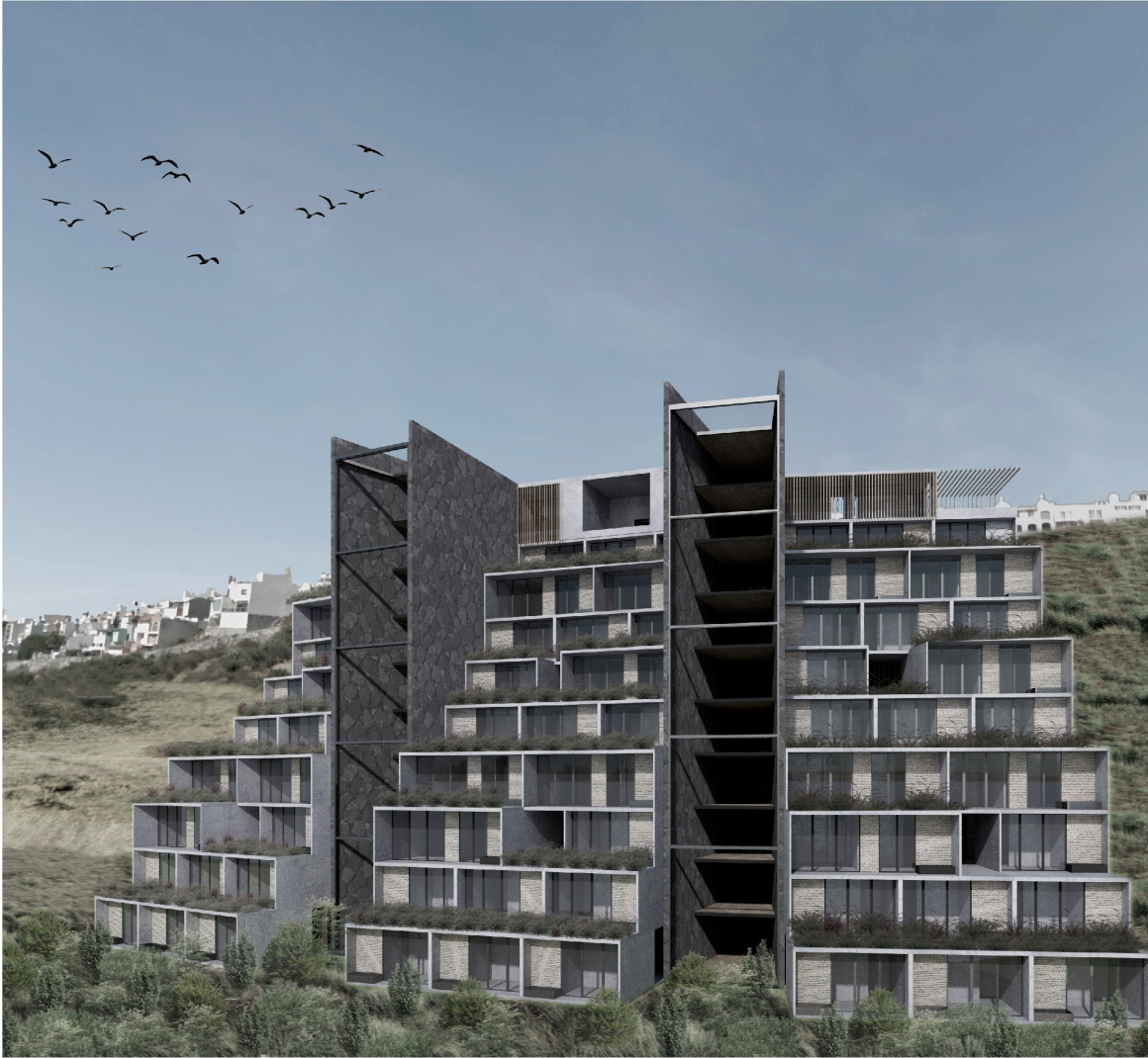 The final render visualizing TERRAZAS as a functional and aesthetic living space, blending modern materials with natural elements.