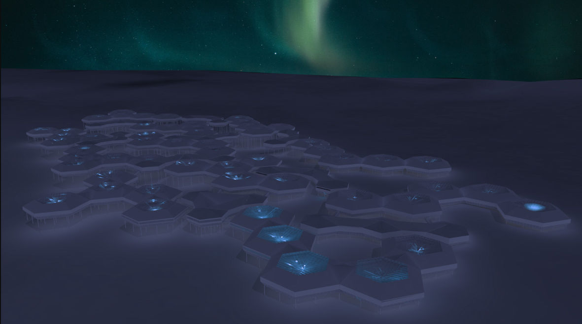 Helicom Habitat at Night – The settlement illuminated under the aurora borealis, showcasing its resilient and energy-efficient architectural design.