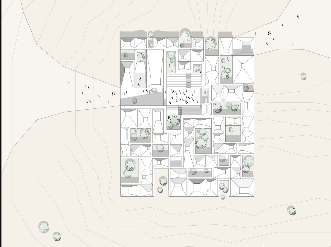 Site plan drawing showing a grid of housing units with courtyards and scattered trees on contoured terrain