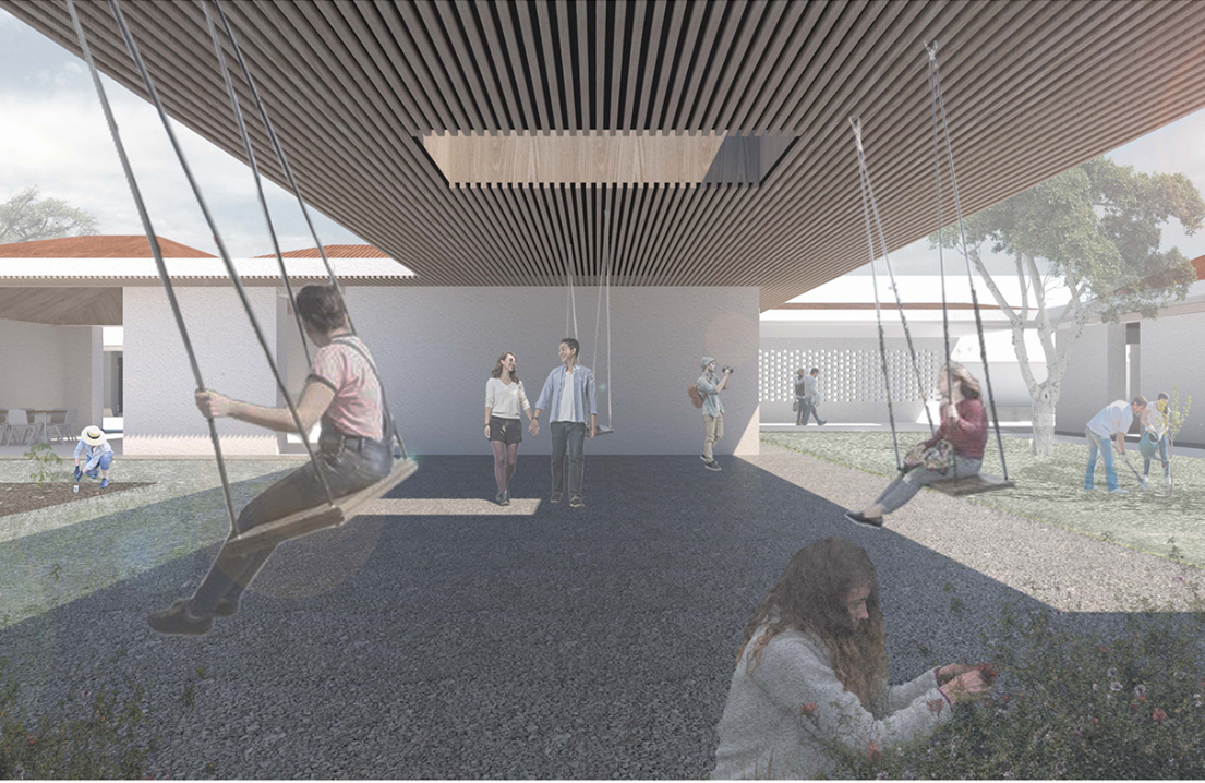 Covered outdoor space with slatted timber ceiling, rope swings, and children playing on dark gravel