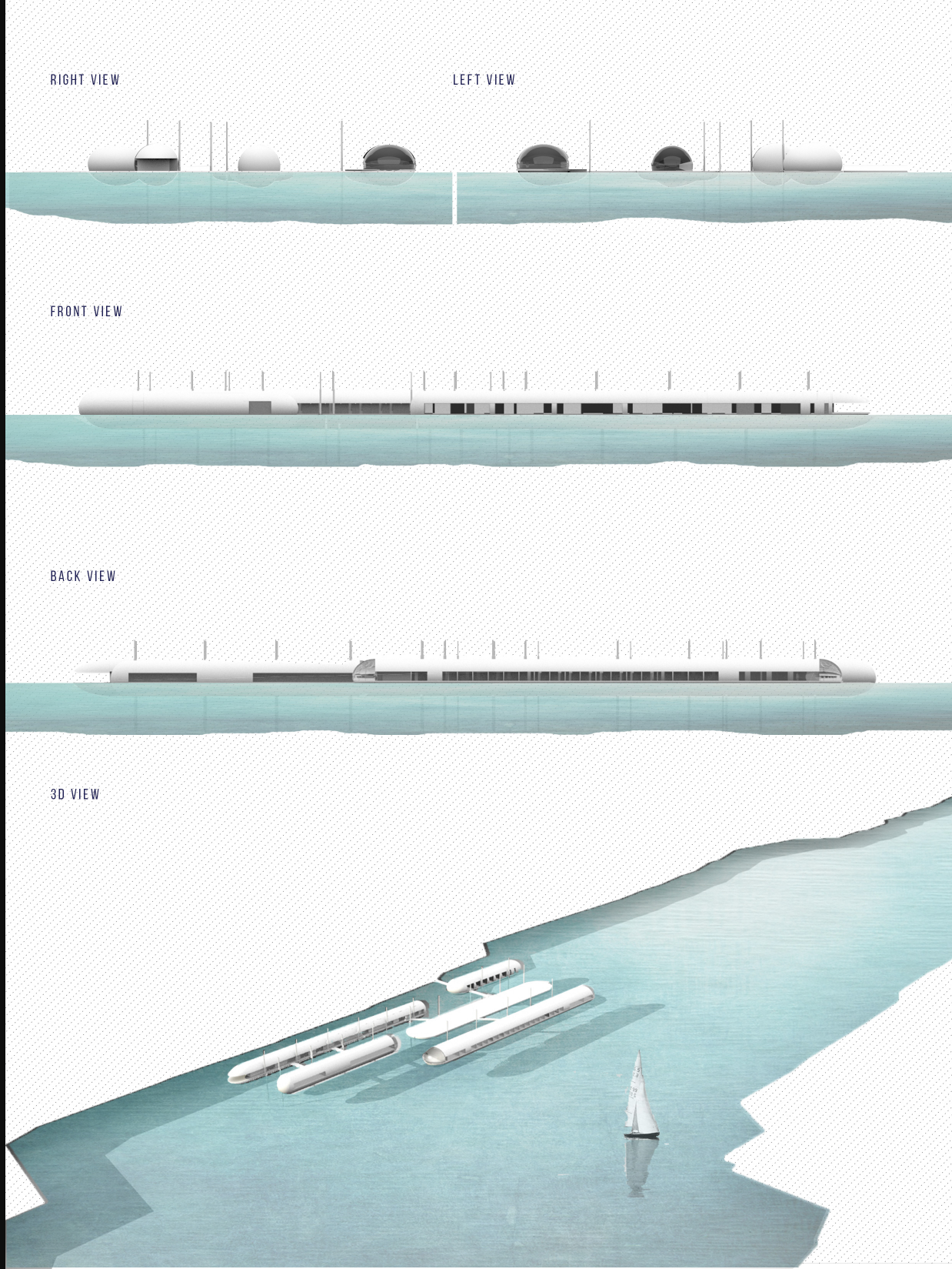Floating Architecture Concept – Multi-perspective views of a climate-adaptive floating school designed for flood-prone areas.