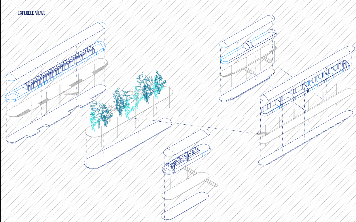 Exploded Architectural View – Modular breakdown showcasing the structural and spatial composition of the floating school.