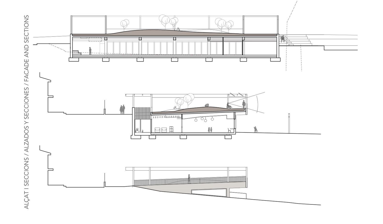 Section drawings showing the timber roof structure, interior spaces and relationship to the sloped site