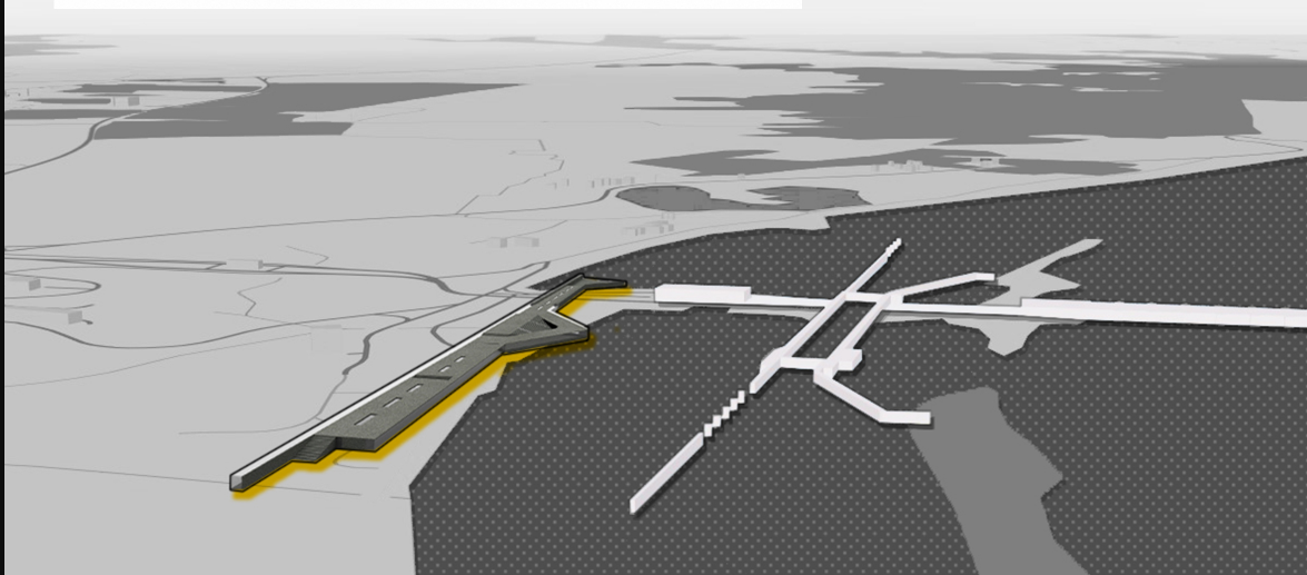 Plan drawing illustrating the cantilevered form extending over the wetland and waterway