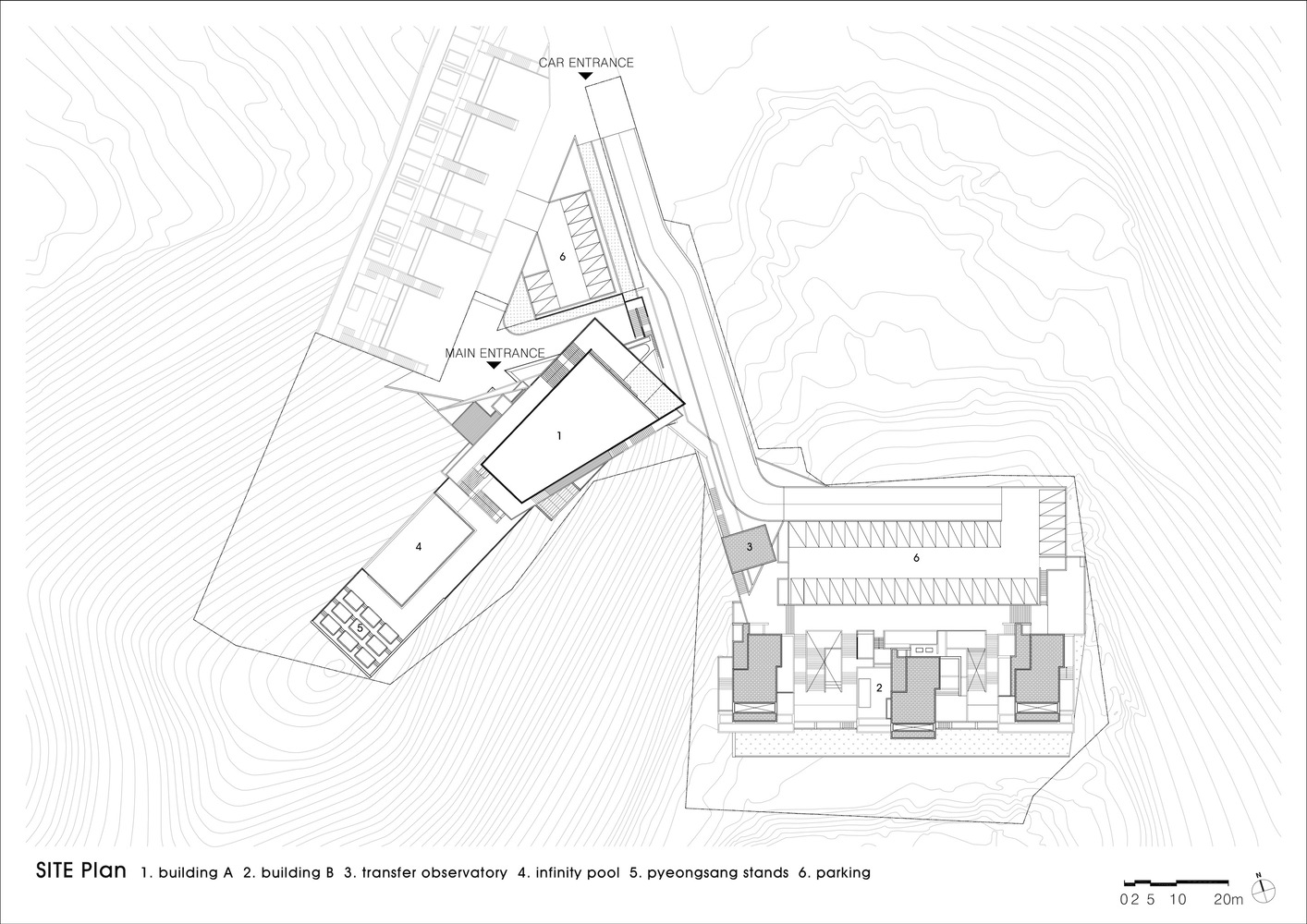 Site plan drawing showing angular building volumes on a hillside with contour lines and labeled entrances