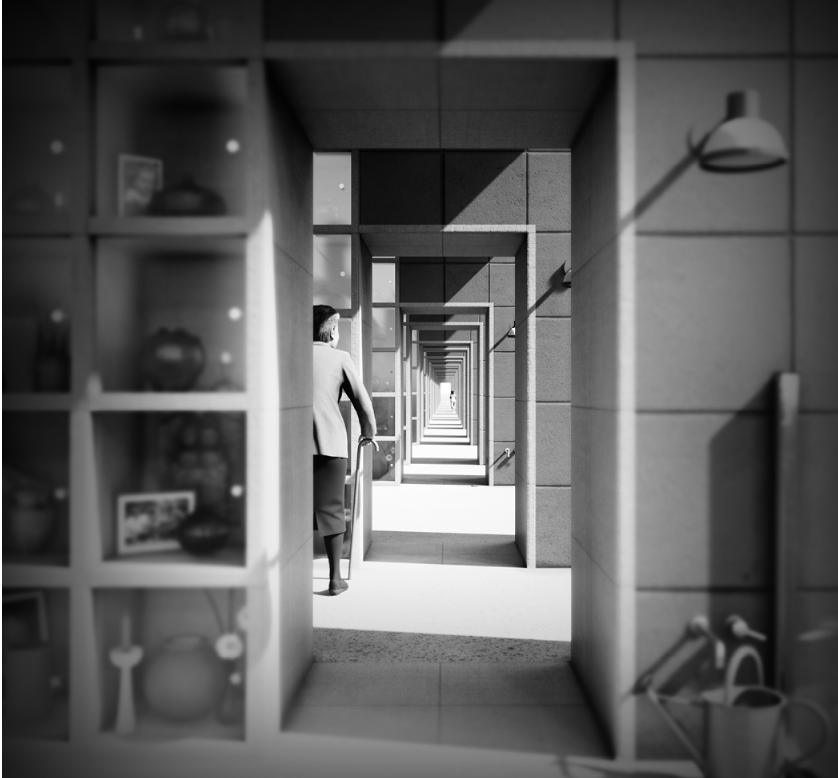 Columbarium Walkway – A serene corridor lined with burial niches, extending infinitely.