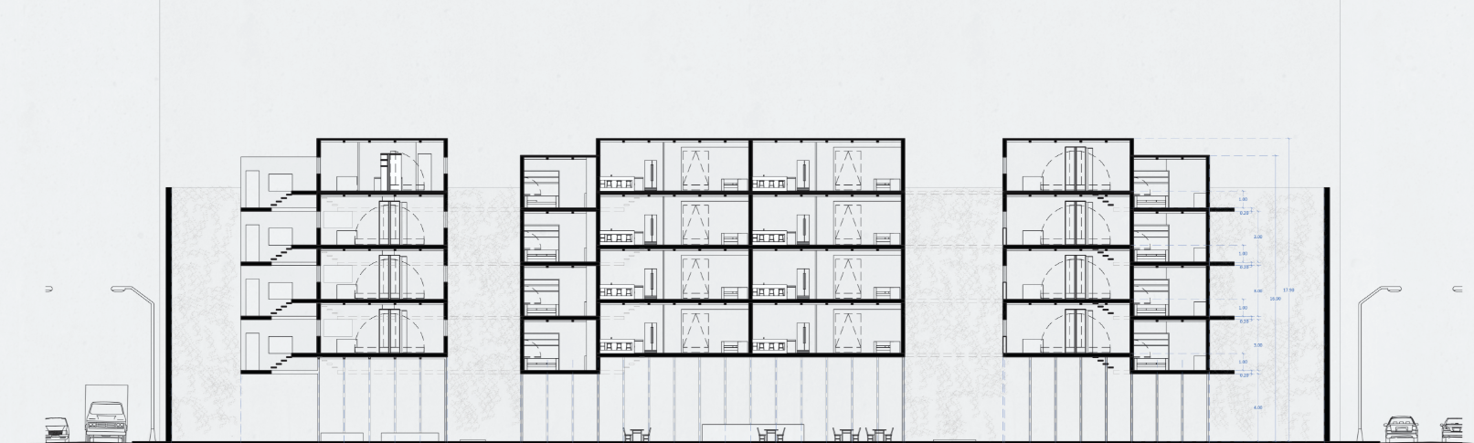 Elevation drawing depicting three residential blocks with repeating unit layouts and central circulation cores